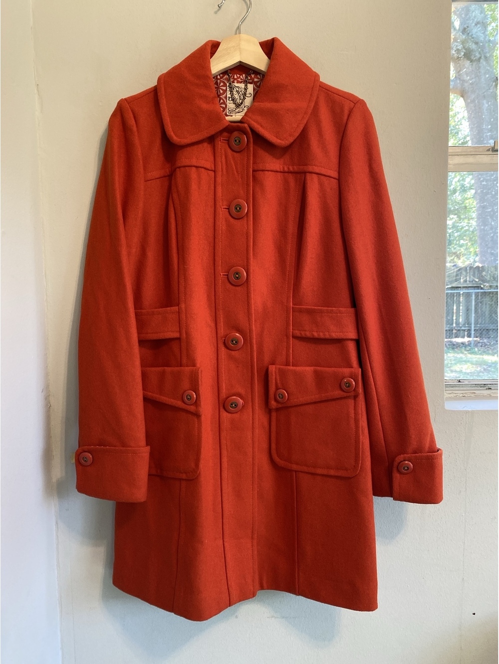 Anthropologie Tulle Burnt Orange Wool Blend Button Front Coat L Vintage Buttons